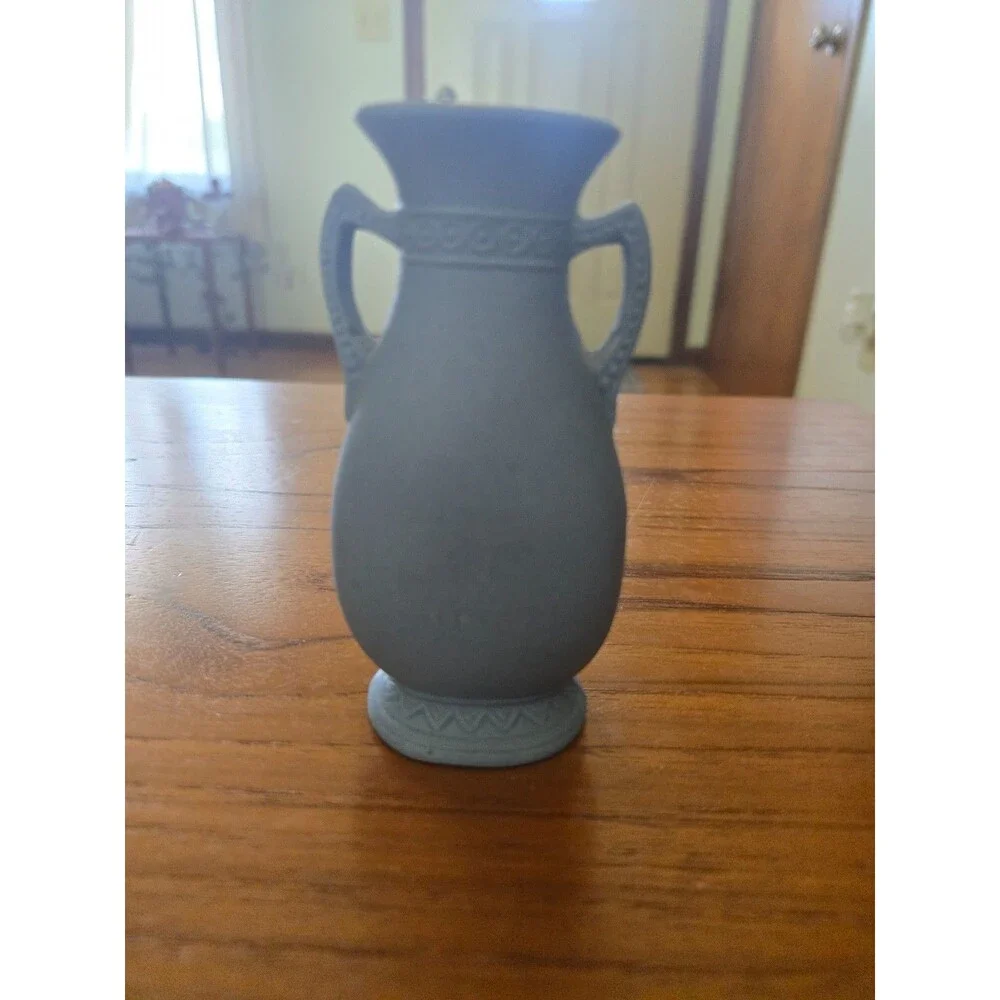 Vtg Wedgewood Miniature Blue and White Jasperware Handled Vase